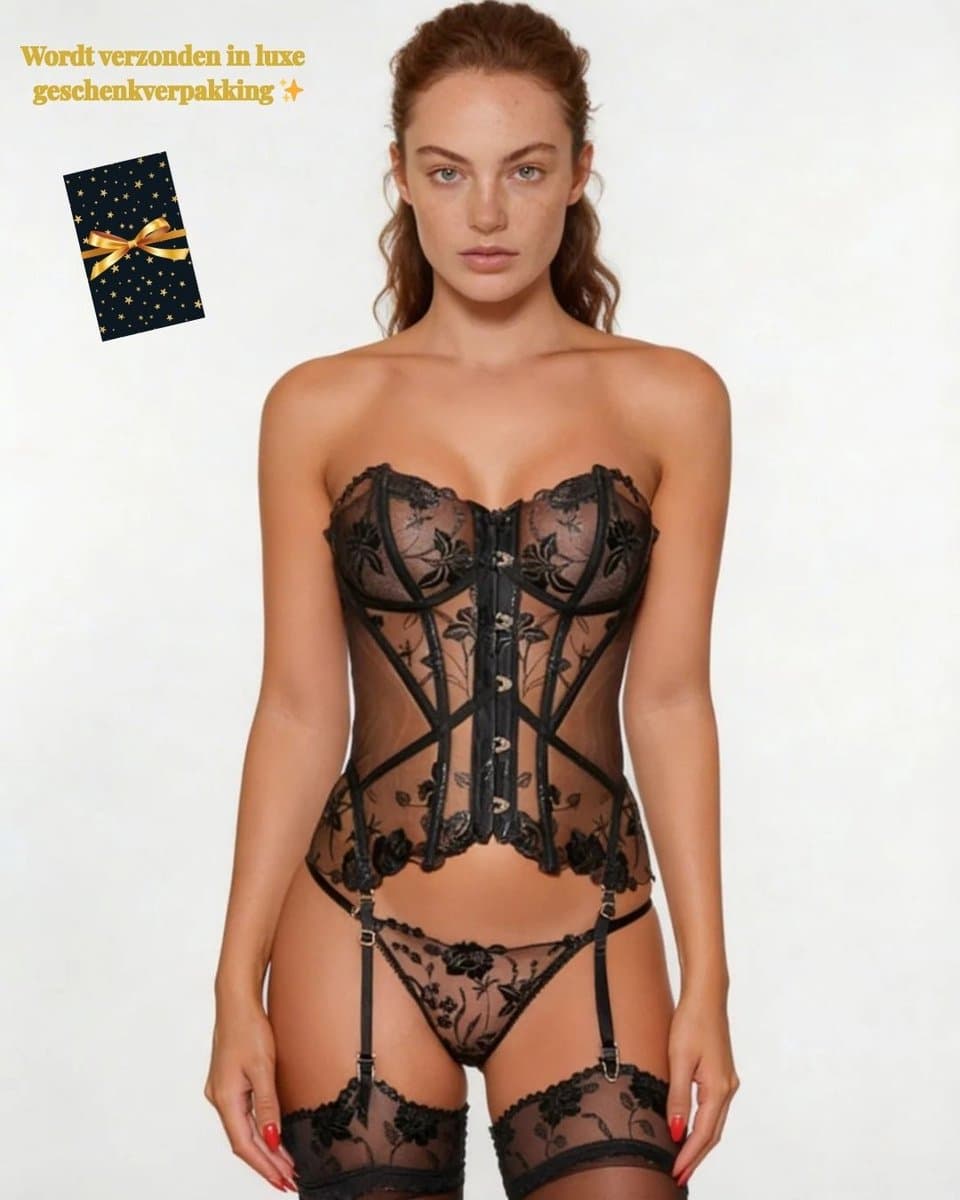 Luxe Lingerieset Dames – Sexy Lingerie – Erotische Lingerie Set – Corset Lingerie met Jarretels en Kousen – Transparante Kant – Strapless & Transparante Bandjes – 4-delige Cadeau Set – Zwart Kant – Chique Boudoir Lingerie – Dare to Undress – XS, S, M — afbeelding 1