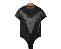 Heren Bodysuit - Zwart Transparant - Leather Look - Mannenlingerie - Erotische herenkleding - Lingerie voor Mannen