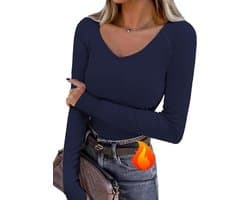 Thermisch T-shirt voor dames, lange mouwen, V-hals, elastisch, met duimgaten, sporttop voor de winter, voor hardlopen en fitness