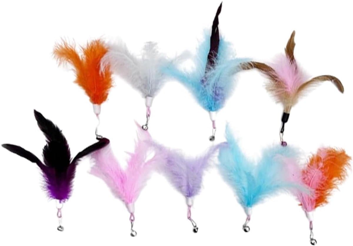 Set van 10 kleurrijke vervangingskoppen met veren en belletjes voor kattenspeelgoed, pluche speelgoed voor huisdieren met verwisselbare veerhanger, kattenspeelgoed — afbeelding 1