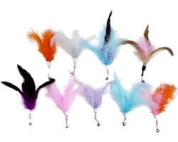 Set van 10 kleurrijke vervangingskoppen met veren en belletjes voor kattenspeelgoed, pluche speelgoed voor huisdieren met verwisselbare veerhanger, kattenspeelgoed