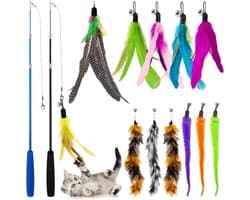 14-delige kattenveer teaserset, interactief kattenspeelgoed met 2 intrekbare kattenhengels en 12 stuks vervangingsspeelgoed voor binnenkatten en kittens, oefening, spelen, plezier