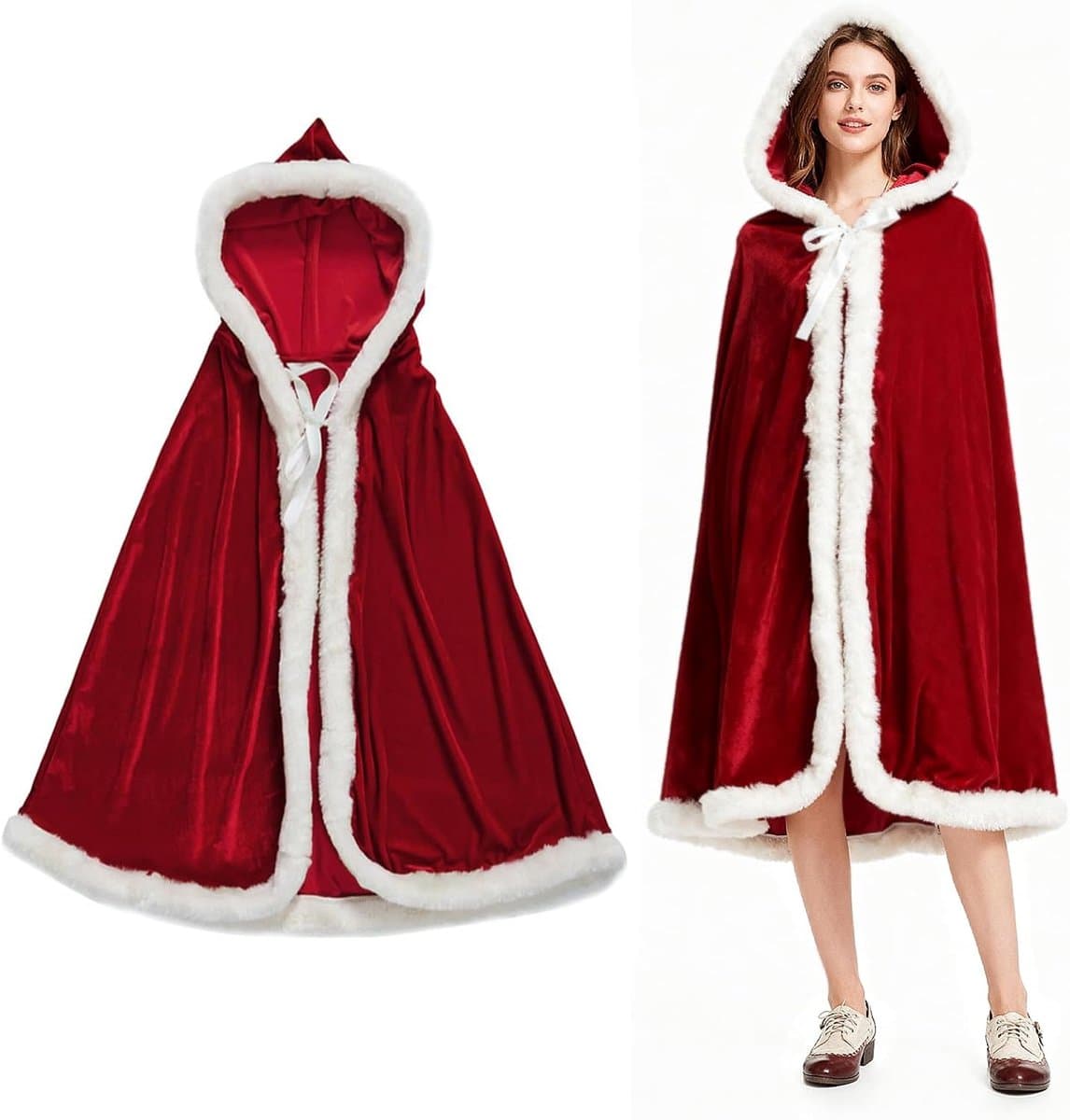 Christmas Cape with Hood, Red Velvet Santa Cape, Winter Cape, Warm with Hood, Red Cape with Hood, Cosplay Costume - ShopVlot — afbeelding 1