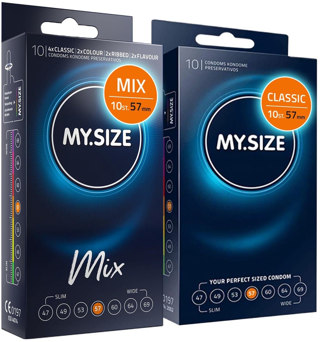 MY.SIZE Mix SET Maat 4, 57 mm: 10 Classic + 10 Condooms in 4 spannende soorten, met aroma, kleur, genopt & Classic — afbeelding 1