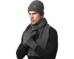 Handschoenen voor heren, 3-delige set, winter, warm, zachte set met touchscreen-handschoenen, muts en sjaal, ideaal cadeau voor heren, Kerstmis of verjaardag