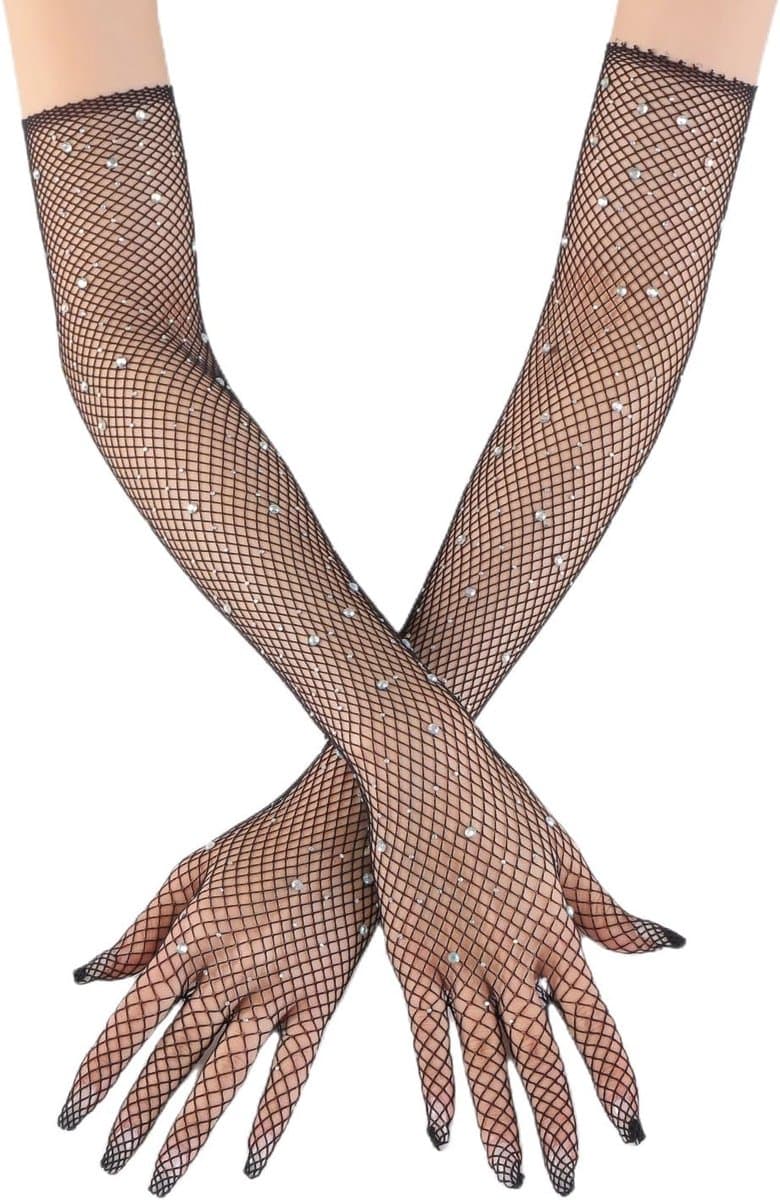 Handschoenen voor dames, glitter strass, lange handschoenen, visnethandschoenen, vintage avondhandschoenen, operahandschoenen, voor bruiloft, Halloween, maskerade, cosplay, zwart — afbeelding 1