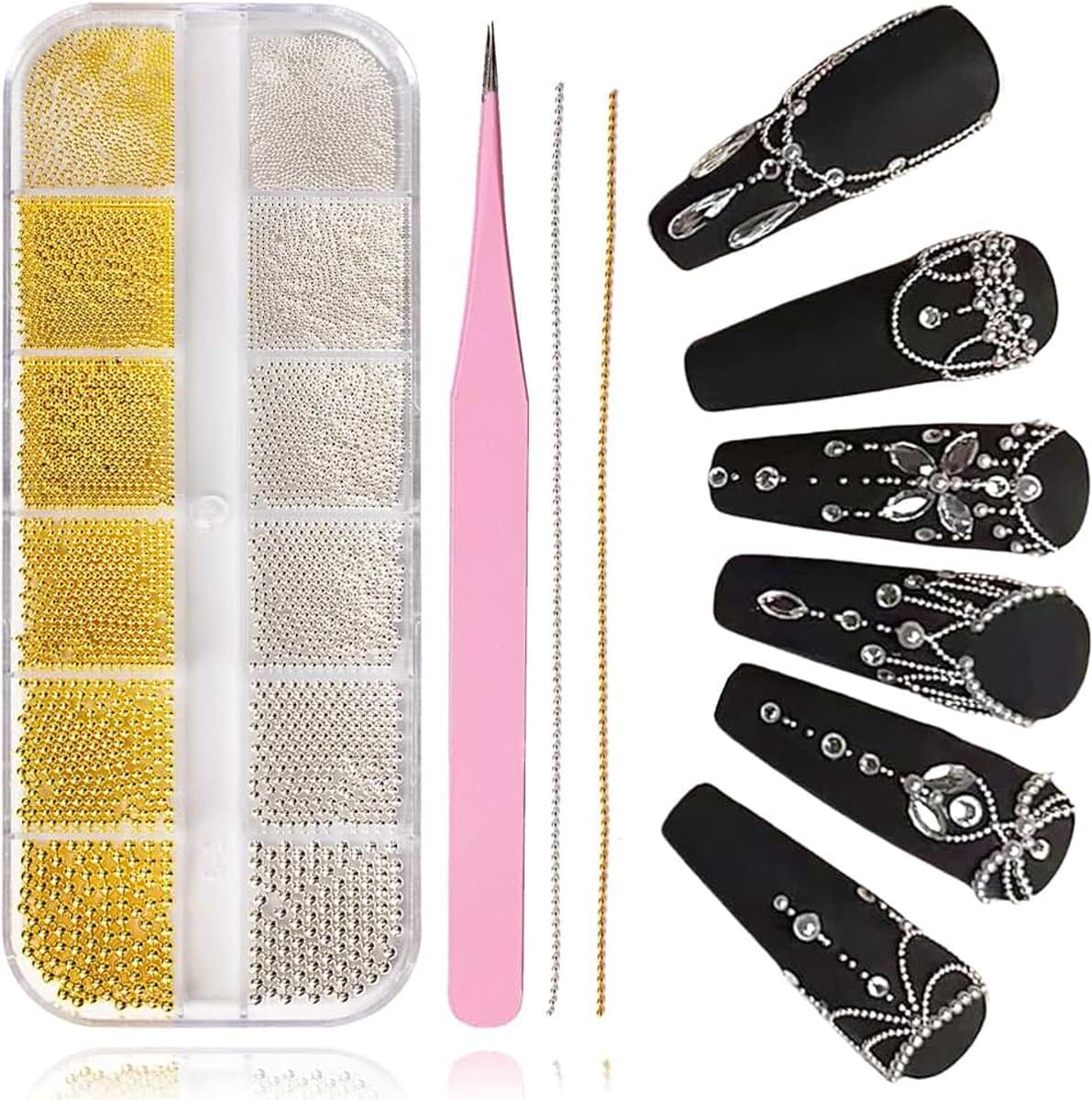 5680 stuks kaviaarkralen voor nagels, 12 graden goud en zilver nagel charmes, kaviaarkralen voor nagels, nagelkettingen voor nagelkunst, nagelkralen voor nagelkunstaccessoires — afbeelding 1