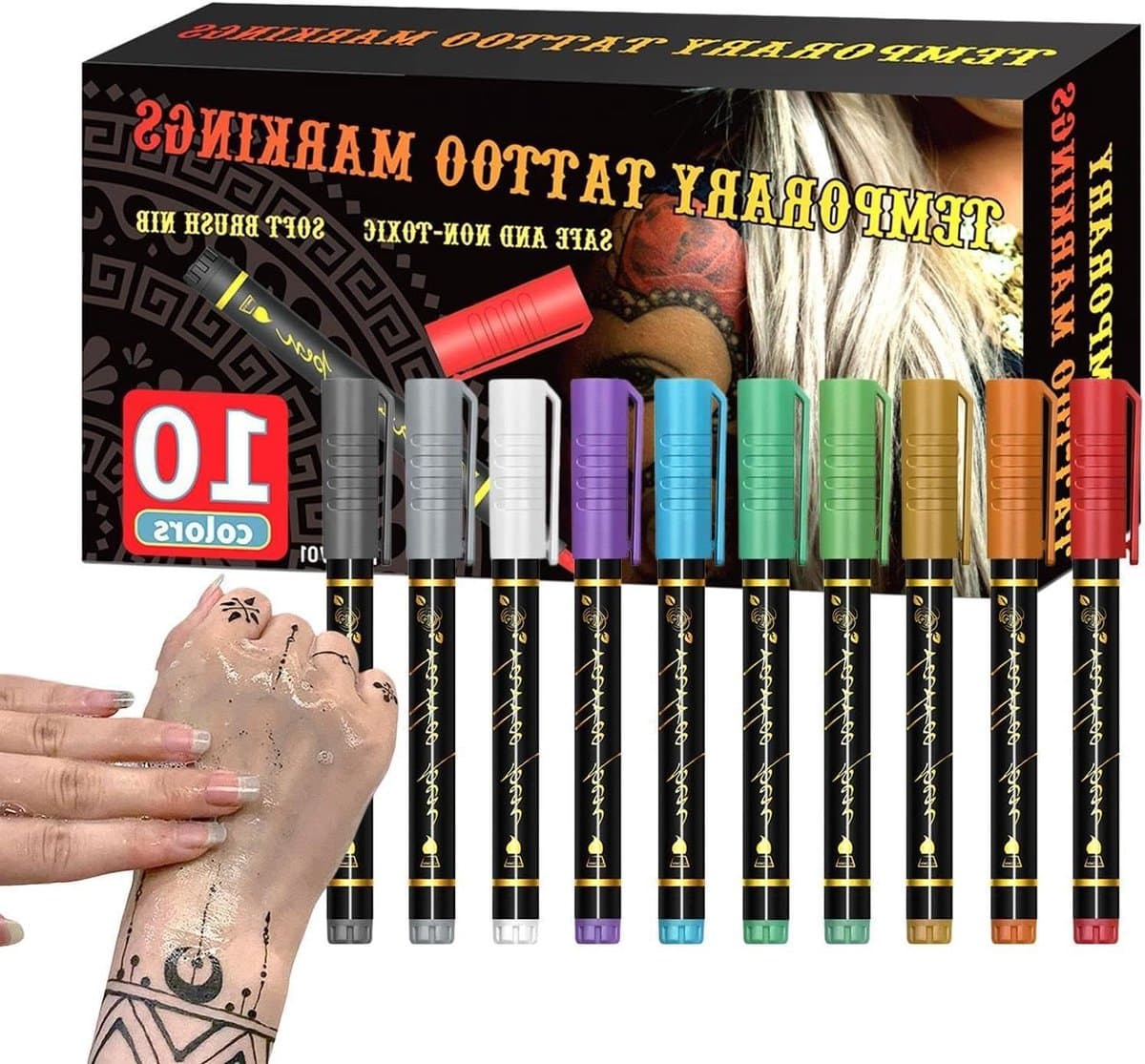 Tijdelijke Huidverf - Body Markers - Creatief Tekenen - Huidvriendelijk & Afwasbaar - 10 Kleuren - Multicolor — afbeelding 1