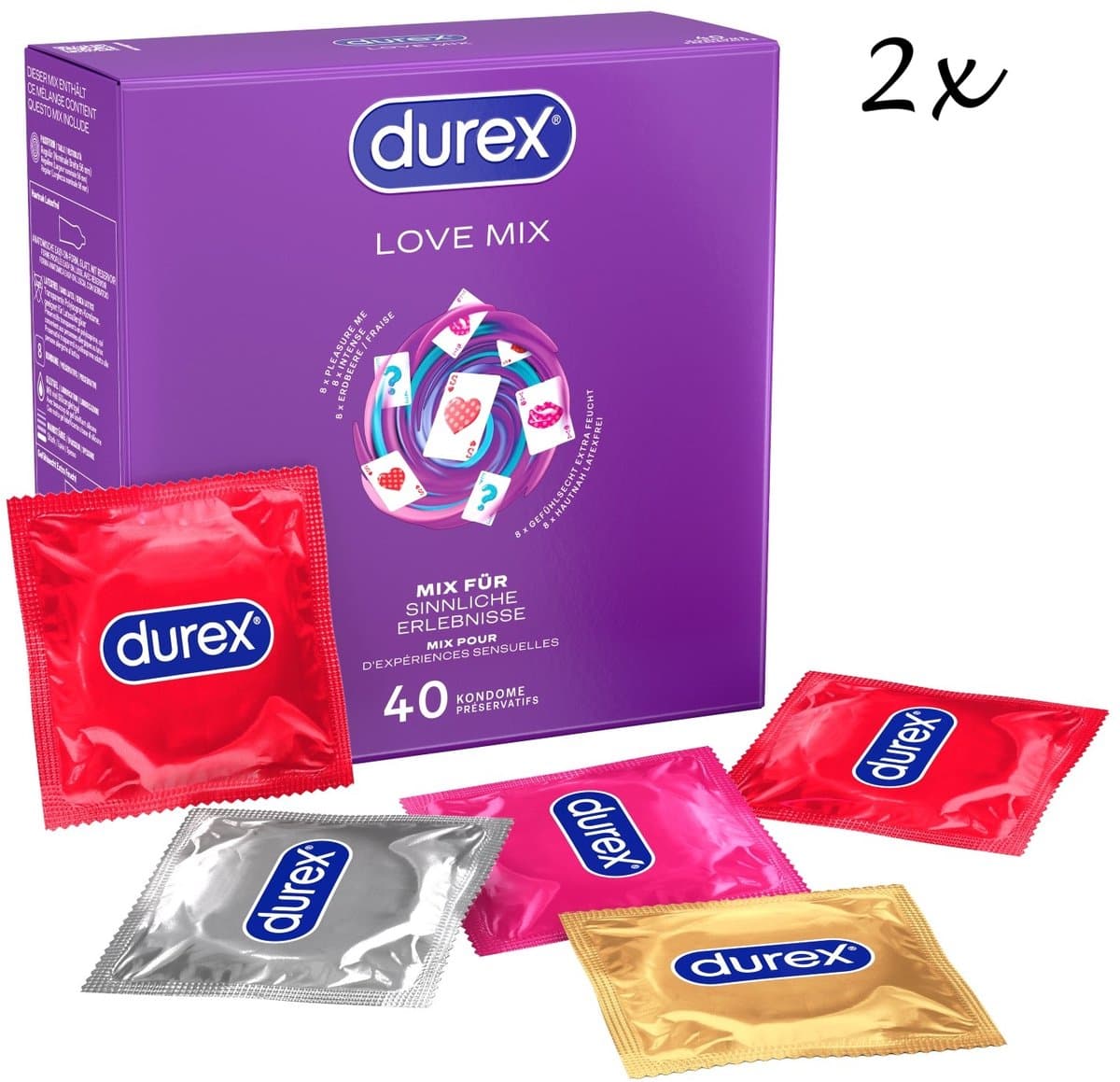 Durex Love Mix Condooms - 80 stuks (2x 40 stuks) - 16x Thin Feel Extra Lube (Elite) - 16x Intens Orgasme (ribbels, nopjes en gel) - 16x Thin Feel Ultra (extra dun) - 16x Aardbeismaak - 16x Pleasure Me (ribbels en nopjes) - Discreet Verpakt — afbeelding 1