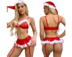 Sexy Kerstpakje Dames - 4 Delig met G-String, Rokje, BH en Kerstmuts - Rood - Kerst Lingerie - Erotische Kerst Outfit - Kerstvrouw - Kant - Maat XXL