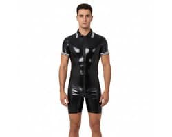Latex Jumpsuit - Heren - Latex Wetlook - Zwart - Rits - Korte Mouwen En Broek