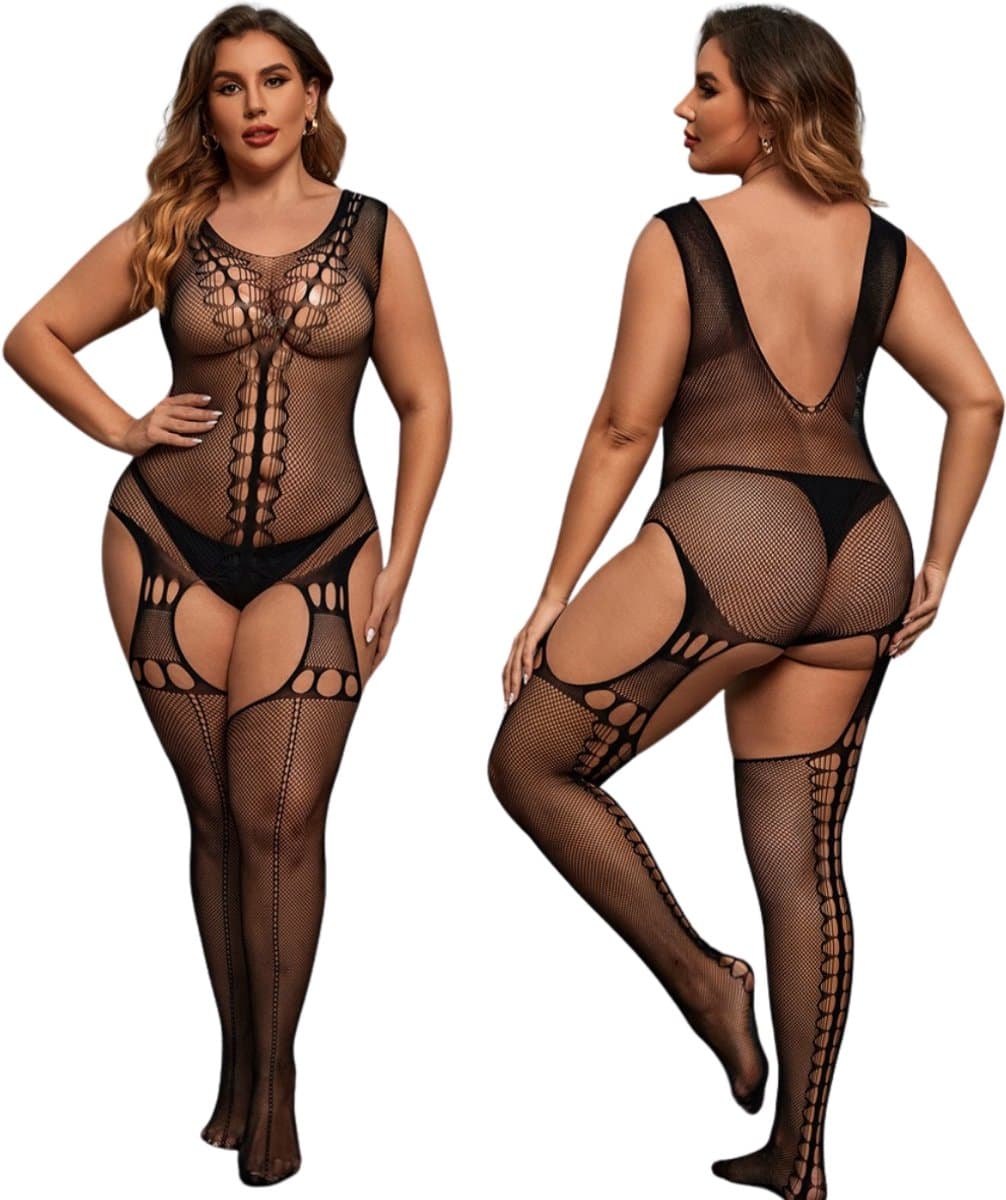 Elana Alessyne Plus Size Bodystocking – Zwart Visnet met Jarretel Look – Hoge Rekbaarheid – Full Body Lingerie — afbeelding 1