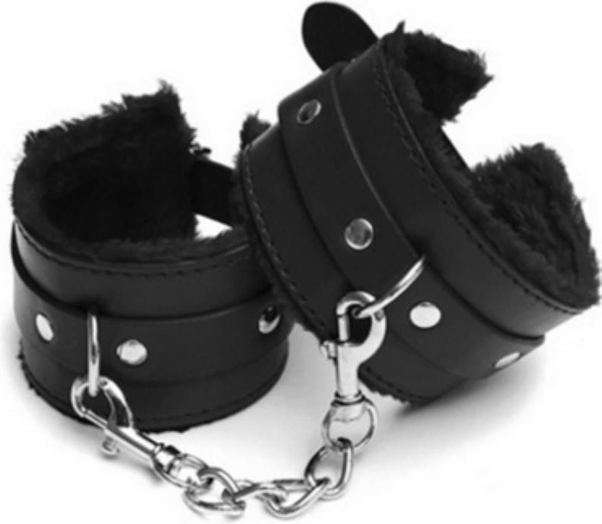 Zachte, verstelbare polsmanchetten / handboeien met pluche aan de binnenkant en PU-leer aan de buitenkant. Met ketting. Geweldig voor wat extra plezier in de slaapkamer, bondage en SM. Zwart. — afbeelding 1