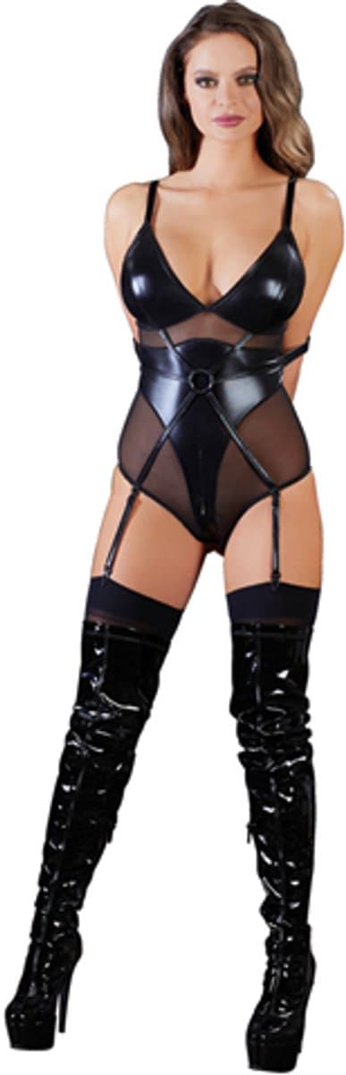 Cottelli Collection – Bondage Jarretel Body Wetlook met Elleboog Riemen en Tepel Sluiting – Maat L – Zwart — afbeelding 1