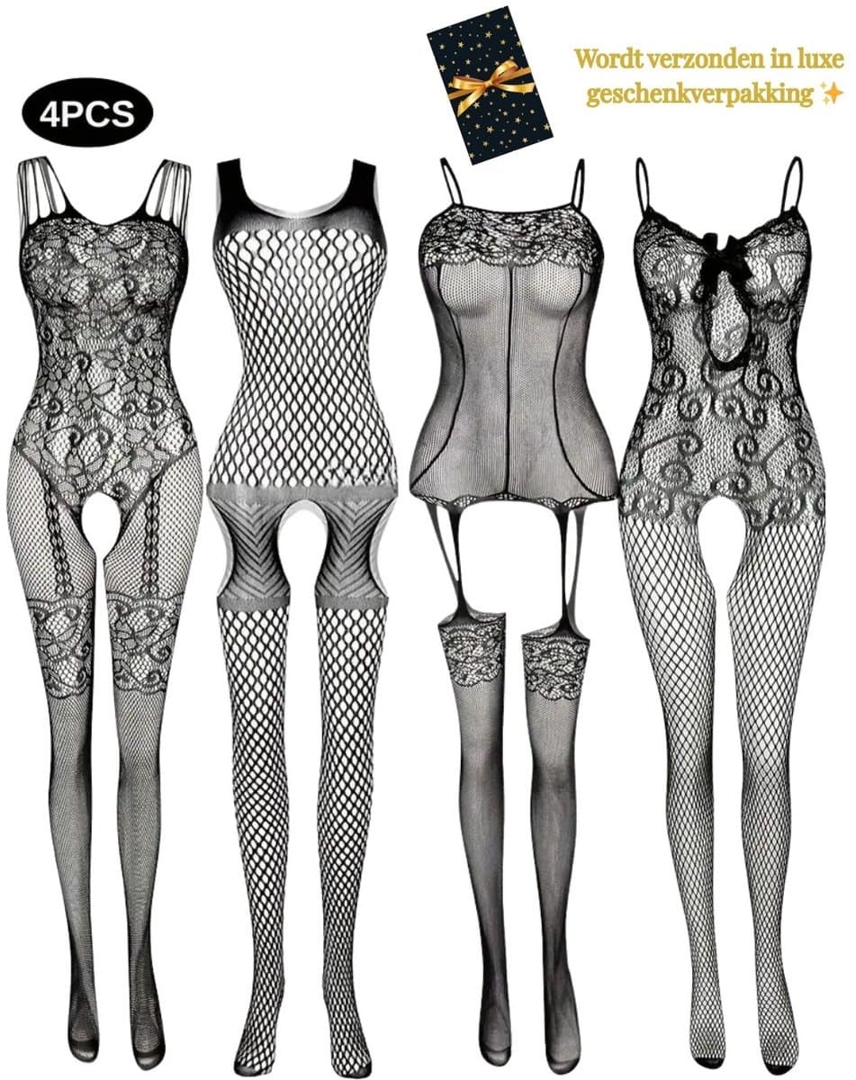 Sexy Lingerieset Dames – Erotische Lingerie – 4-delige Catsuit Set – Open Kruis Bodystockings – Zwarte Lingerie met Kant & Visnet – Verleidelijke Nachtkleding – Plus Size Friendly – One Size voor XS t/m XXL – Dare to Undress – Fierce Seduction – Maat — afbeelding 1
