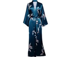 Lange Satijnen Kimono Jurk voor Dames - Luchtige Zomer Badjas met Bladerpatroon
