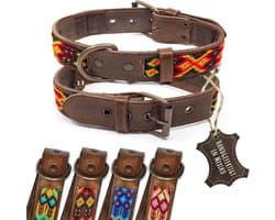 halsband voor honden, dubbel tribal geborduurd, vuurrood-bruin, hoogwaardig afgewerkte hondenhalsband, handgemaakt in Mexico, maat M, hondenhalsband voor middelgrote honden, breed leer