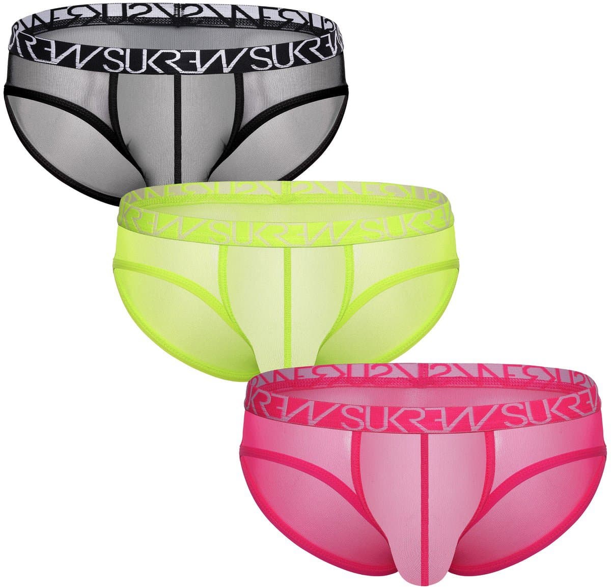 SUKREW Sheer Low-rise Brief Multipack 1x Underground Black + 1x Acid Yellow + 1x Elect Pink - MAAT XXL - Erotisch Heren Ondergoed - Slip voor Man - Sexy mannen Slip — afbeelding 1