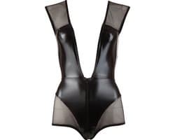 Cottelli Collection – Body in Combinatie Wetlook en Powernet met Diepe V Hals voor Seductie – Maat S – Zwart