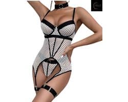 Sexy Lingerieset – Lingerie Erotisch – Zeer stevige goede kwaliteit– Sensueel & Krachtig – Verleidelijk – Witte bodystocking met jarretels – BDSM – Verstelbare bandjes –Kinky – Bustierset – Elastiek – Festival outfit – Sexy clubwear – Maat XL
