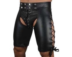 Erotische Korte Broek - Kunstleer - Zwart - BDSM - Open billen - Sexy - Veters