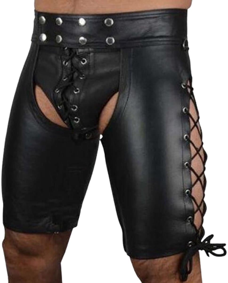 Erotische Korte Broek - Kunstleer - Zwart - BDSM - Open billen - Sexy - Veters — afbeelding 1