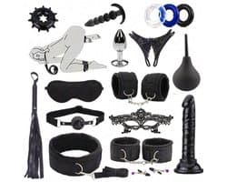 Oneay BDSM Extreme Bondage Set - 17 Delig -SM Handboeien - Dildo - Zweep / Anale plug / Tepelklemmen - Sex Toys voor Koppels - Seksspeeltjes voor mannen en vrouwen - Sex Pakket en Toys - Zwart