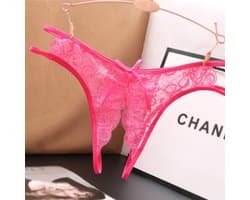 Sexy String met Open Kruis - Roze - Ontwerp met Kant - Erotisch Design met Strik - One Size String - Dames Onderbroek - Lingerie / Ondergoed