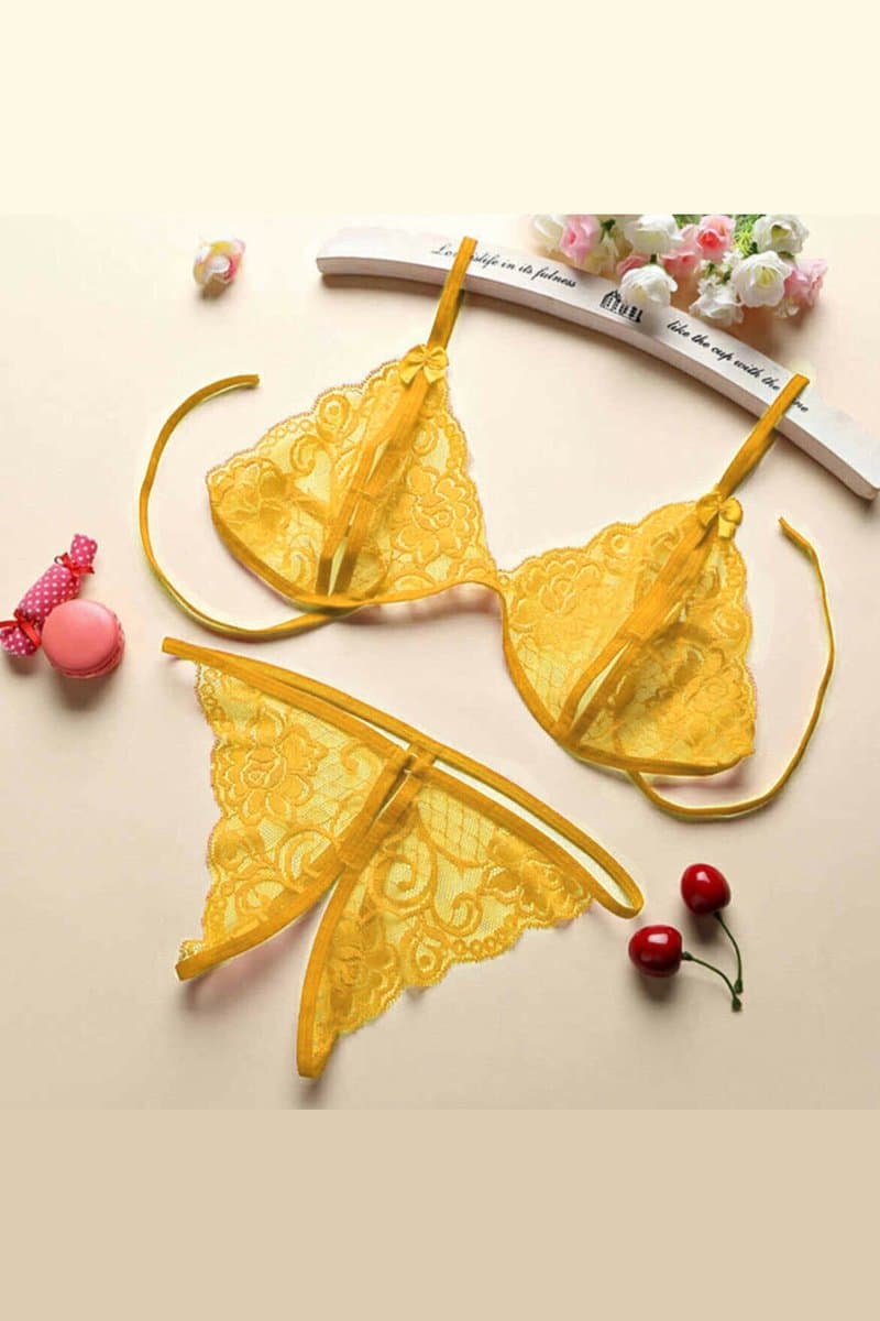 La Nuita Gele Kanten Bh Set Dames - Open Bralette met Strappy Bandjes en String - Sexy Tweedelige Lingerie (S t/m XL) — afbeelding 1