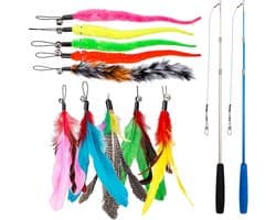 Kattenspeelgoed met veren, teaser met 2 telescopische stangen, 10 reserveveren voor kattenhengel met hanger, veren met belletje, kattenspeelgoedset voor kittens en volwassen katten