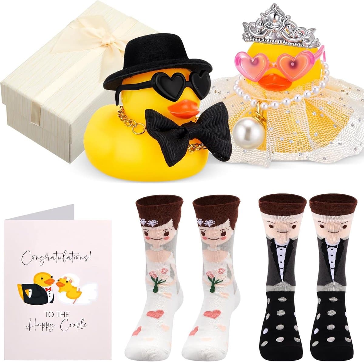 Origineel & Grappig Cadeauset voor Bruidspaar: Eenden, Bruiloftssokken en Wenskaart — afbeelding 1