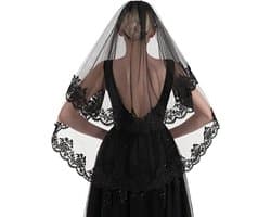 Black Lace Veil Halloween Veil Vintage Grave Veil Halloween Wedding 2 Tier with Comb for Costume Cosplay Day Of The - ShopVlot