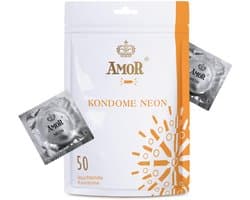 AMOR Premium Neon condooms, Met extra dunne of sterke wanddikte of met noppen lichtgevende condooms, Ø 53 mm, 50 stuks