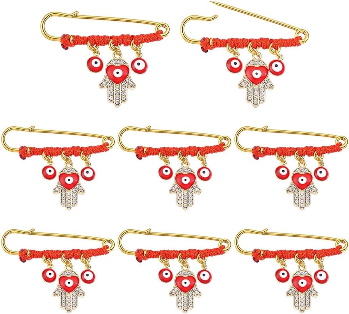 8 Hamsa geluksspeldjes roestvrij staal 5,8 cm rood koord — afbeelding 1