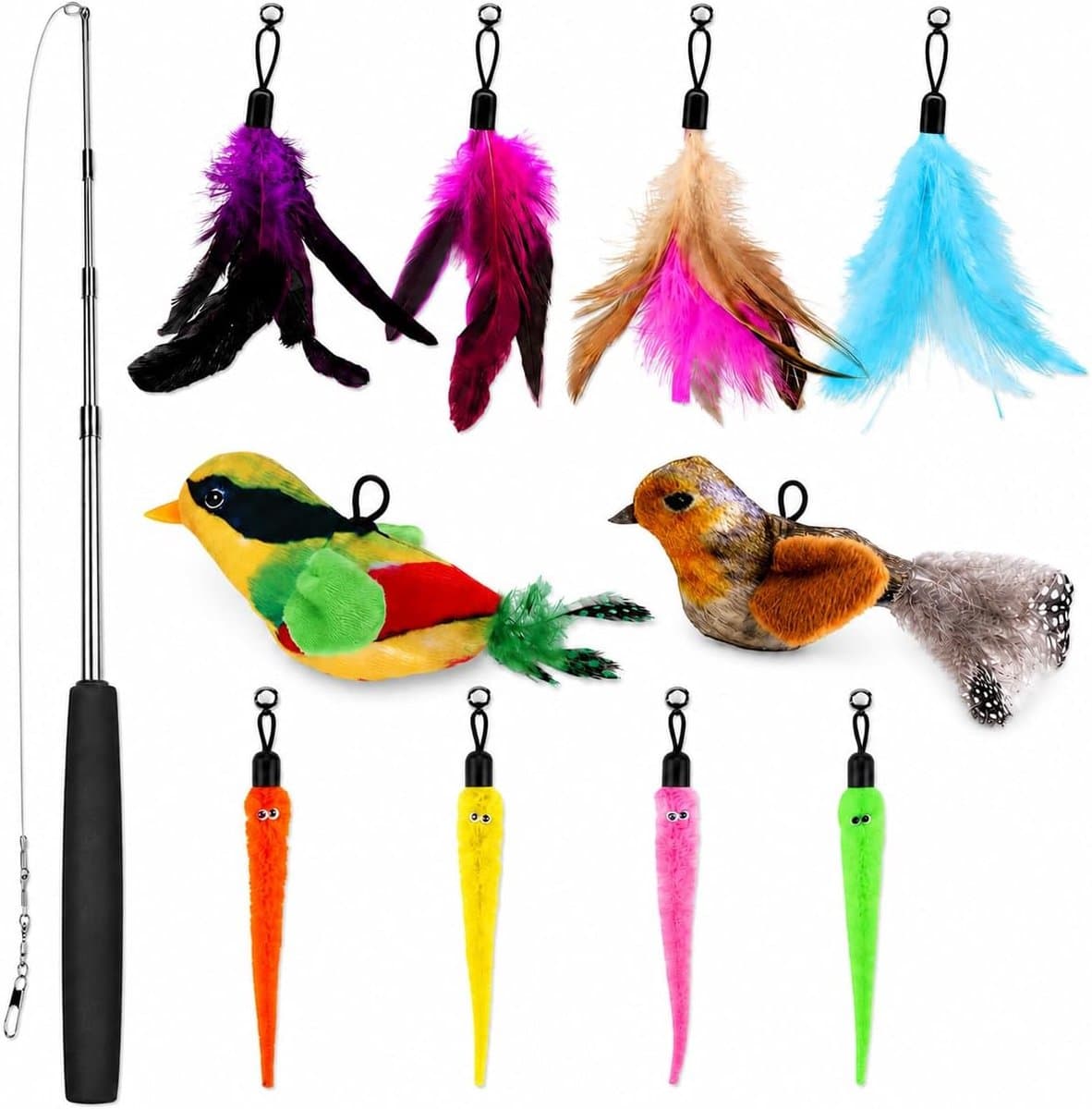 11 stuks kattenvisspeelgoed met veren, interactief kattenspeelgoed, veer, stabiel met schaalbare stangen en 10 stuks veer, vogel, worm, vervanging met klokken — afbeelding 1