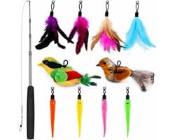 11 stuks kattenvisspeelgoed met veren, interactief kattenspeelgoed, veer, stabiel met schaalbare stangen en 10 stuks veer, vogel, worm, vervanging met klokken