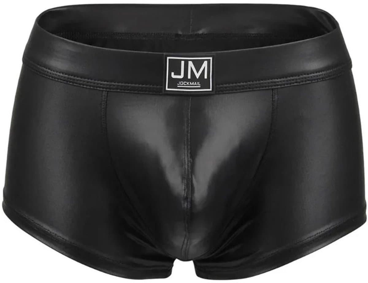 JOCKMAIL (JM) Lederlook Heren Boxershort – Sexy Zwarte Wetlook Trunks – Verleidelijke Faux Leather Heren Ondergoed - Maat L/XL — afbeelding 1