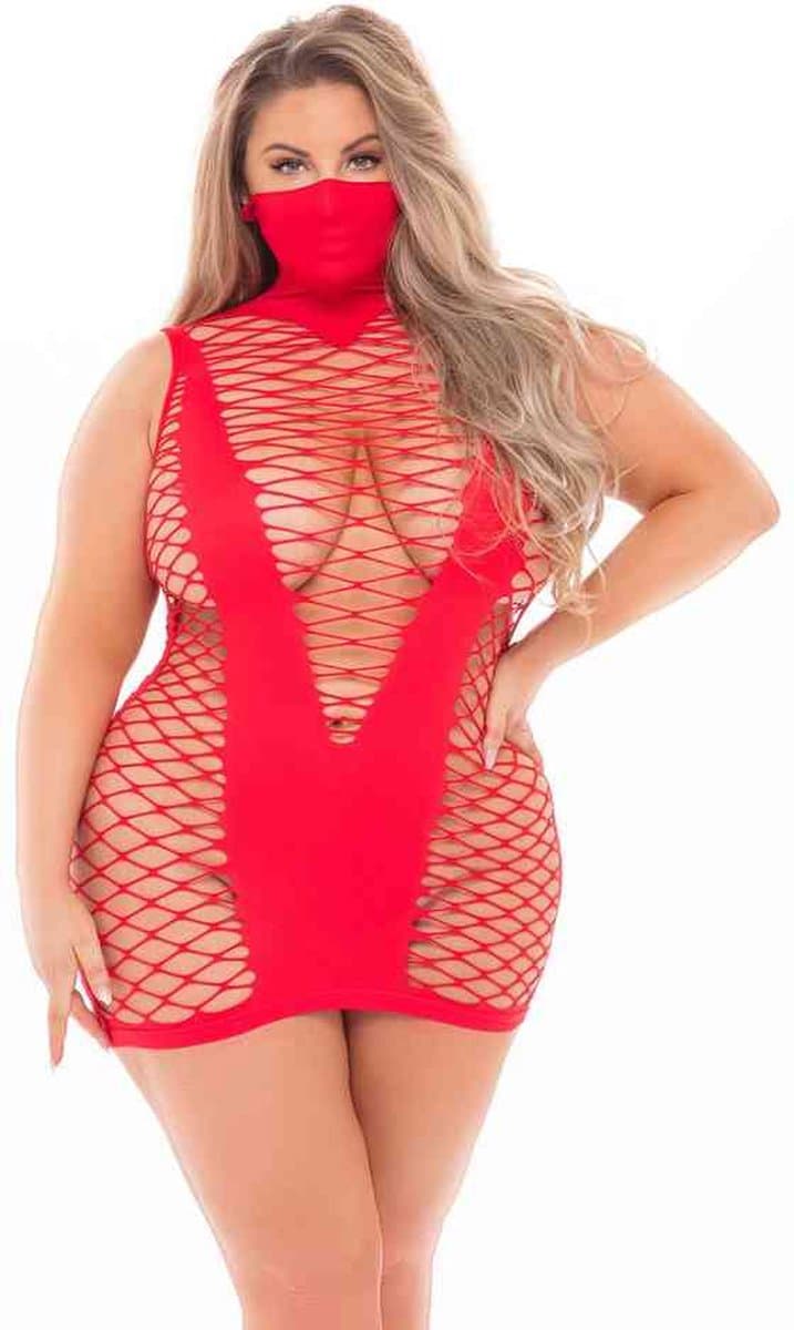 Pink Lipstick Lingerie Mini jurk Masquerade Dress With Mask, Plus Size Rood — afbeelding 1