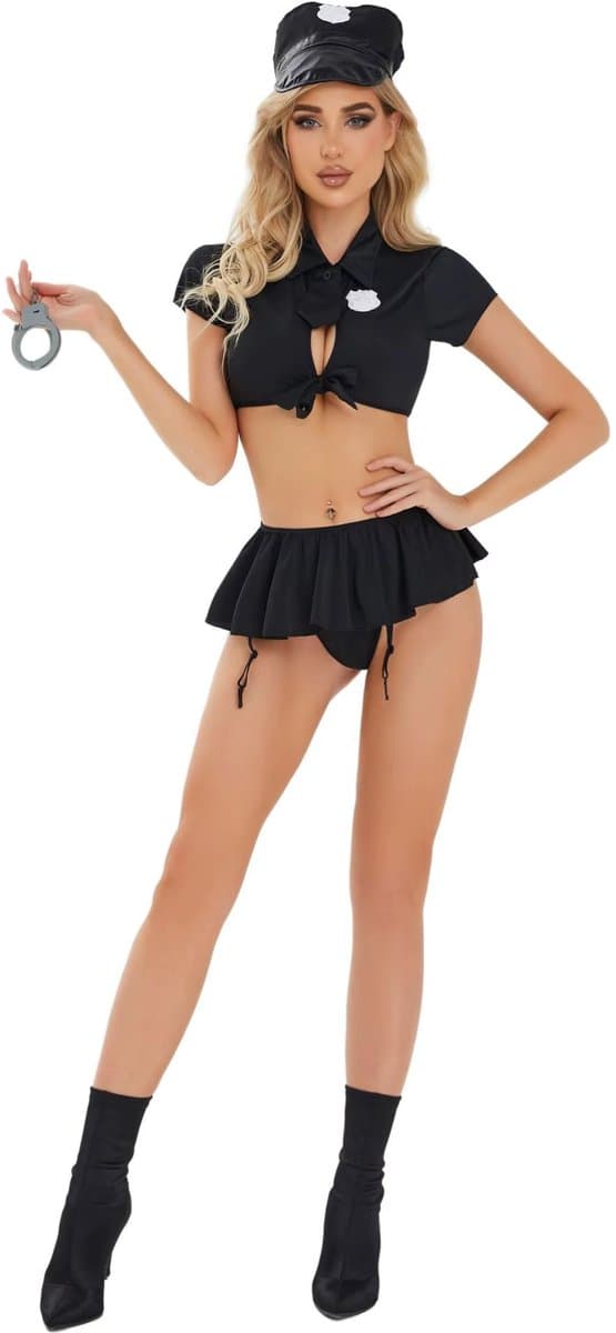 Sexy Politie Kostuum - 4-delig Zwart Verkleedpakje - Pet, Handboeien, Topje en Rokje - Rollenspel / Cosplay - Lingerie Ondergoed voor Dames - Maat M — afbeelding 1