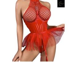 Sexy Lingerie Body – Erotisch jurkje – Rollenspel – Lak & Netstof – Latex & Datex – Kinky Mesh Bustier met Tule Rokje – Verleidelijk Fetish – Erotische Lingerie – BDSM – Lingerieset Dames – Sexy Lingerie – Festivallook – Bitch – Maat S, M, L, XL