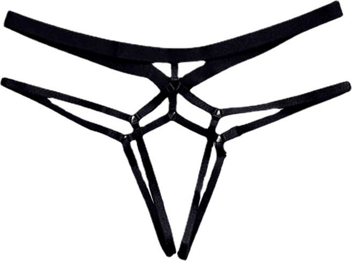 Sexy String Zonder Stof - Zwart - Transparant - Open Kruis - Bondage Riem - G-String Tuigje - Erotisch - Lingerie / Ondergoed - Maat XL — afbeelding 1