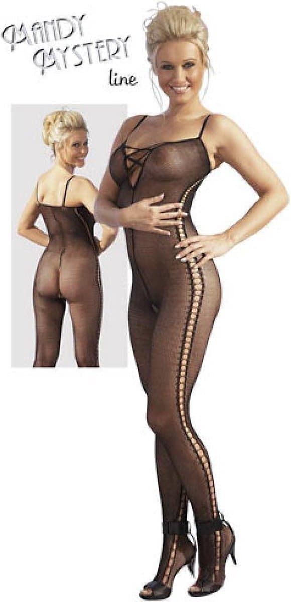 Mandy Mystery Lingerie – Catsuit met Veter Ontwerp Licht transparant en Open Kruis – Maat S/M - Zwart — afbeelding 1