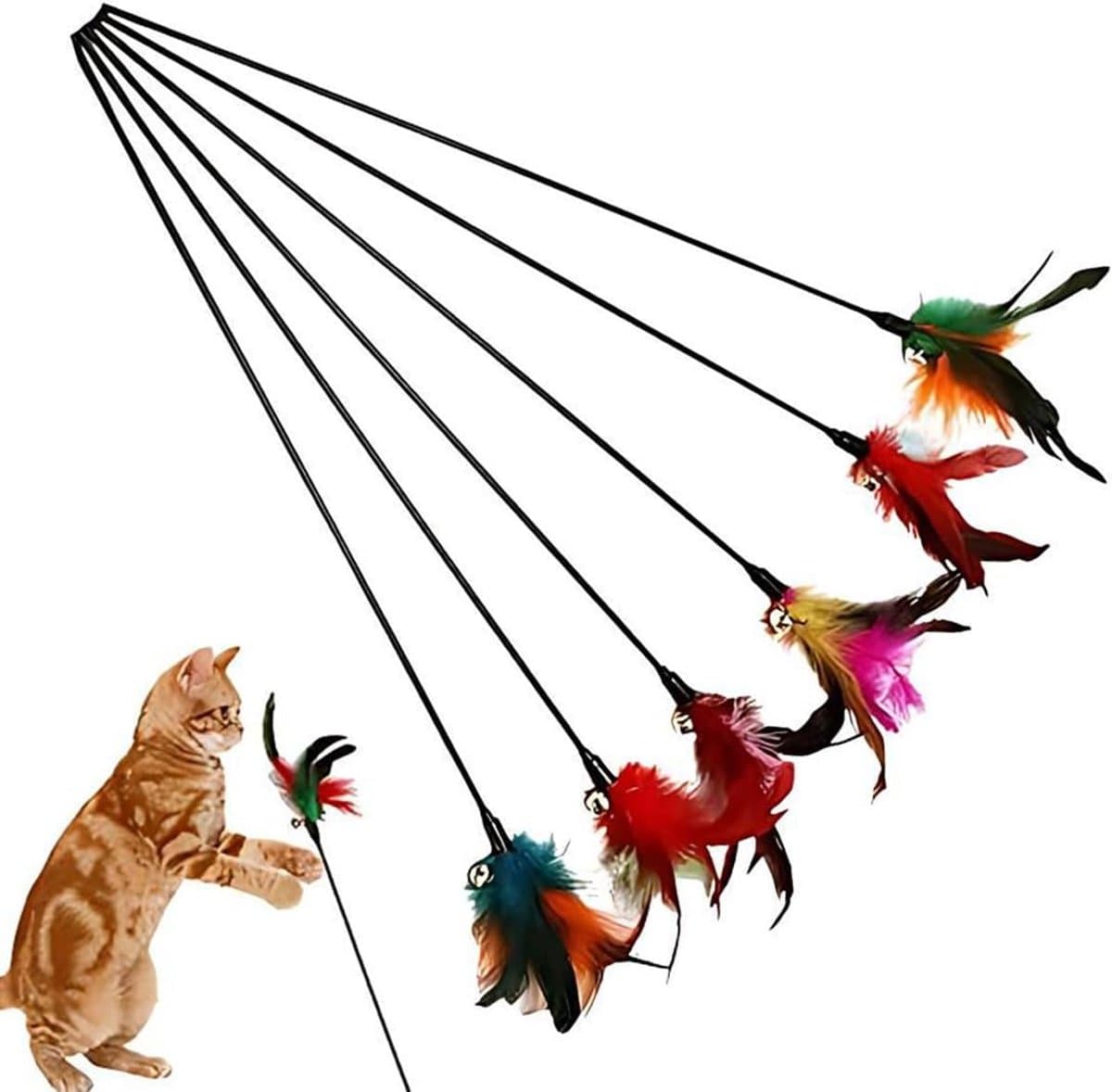 Verenspeelgoed voor katten, 6 stuks, hengel 65 cm, zwarte veren, interactieve stimulatie — afbeelding 1