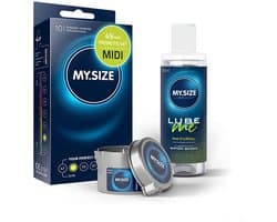 Voordeelverpakking MY.SIZE-condooms 49 mm, pak van 10 + MY.SIZE natuurlijk glijmiddel 100 ml + MY.SIZE-massagekaars