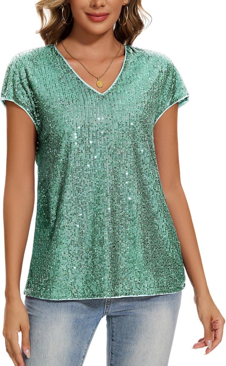 Dames Glitter Top met Korte Mouwen en V-Hals – Glanzend Party T-Shirt met Cap Mouwen voor Vrije Tijd & Festival — afbeelding 1
