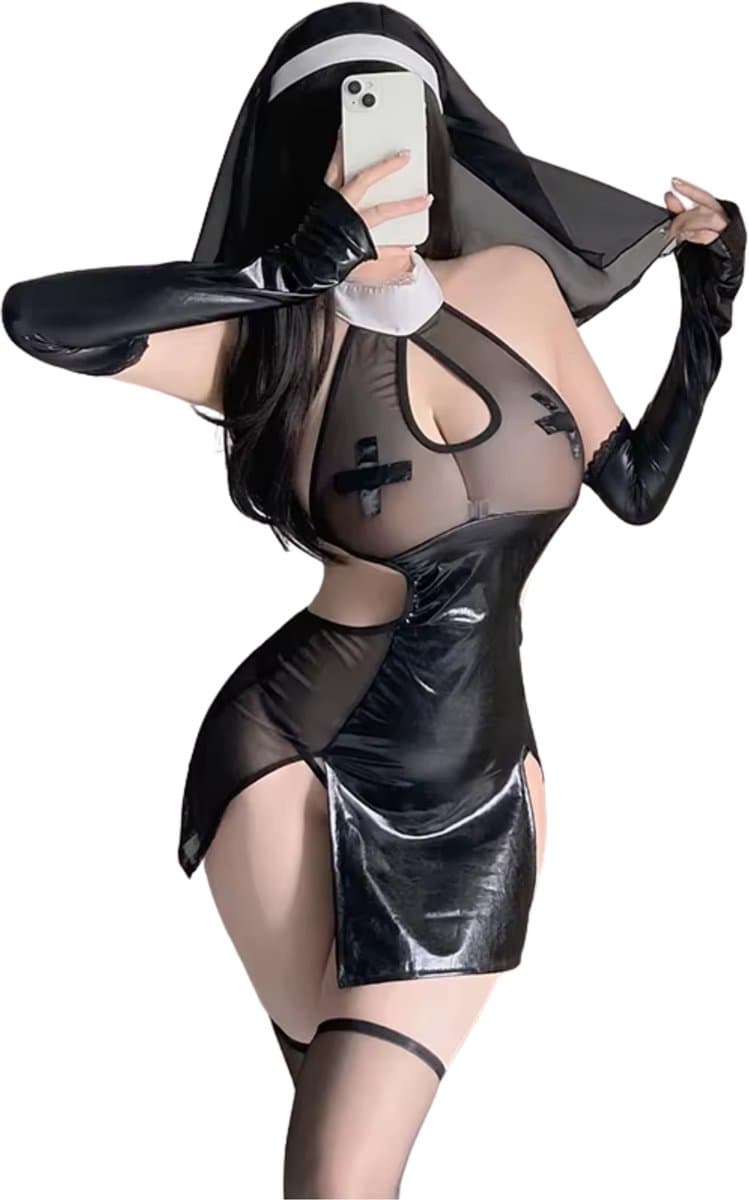 Sexy Nonnen Pakje - 3-Delig Non/Zuster Kostuum Rollenspel - Cosplay & Roleplay - Anime - Latex-look - Jurk, Sluier en Handschoenen - Zwart - L — afbeelding 1