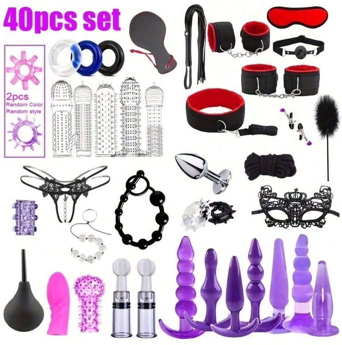 Oneay BDSM Bondage Set 40-delig – Complete SM Set met Handboeien, Blinddoek, Zweep, Tepelklemmen & Buttplugs – PU Leer – Bondage Speeltjes voor Koppels, Beginners & Rollenspel - Rood — afbeelding 1