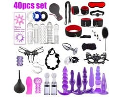 Oneay BDSM Bondage Set 40-delig – Complete SM Set met Handboeien, Blinddoek, Zweep, Tepelklemmen & Buttplugs – PU Leer – Bondage Speeltjes voor Koppels, Beginners & Rollenspel - Rood