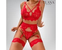 Elana Sorina – Luxe Kant Lingerie Set met Bh, String & Jarretels – Verleidelijke Dames Lingerie – S – Rood