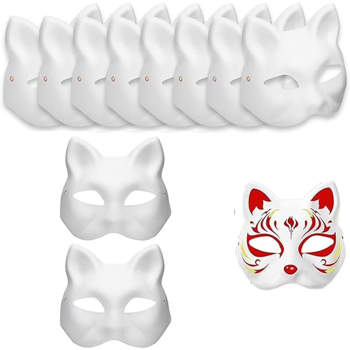 10 stuks kattenmaskers, party, maskerade,therian masker, vossenmasker, wit doe-het-zelf maskers om te beschilderen, doe-het-zelf papieren masker, cosplay — afbeelding 1